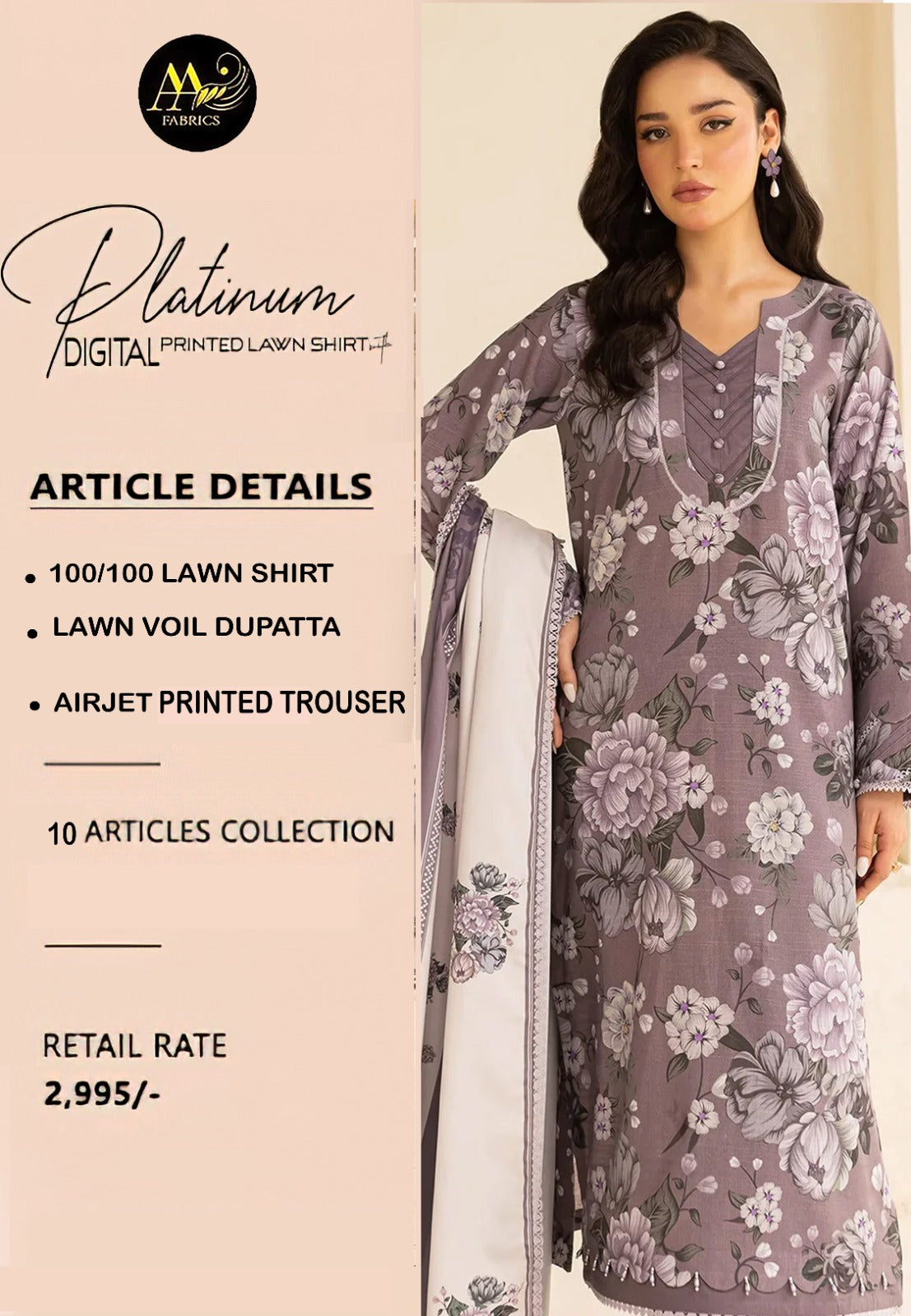 Platinum Lawn 3 Piece | Premium Digital Print Suits - Hurain Arts