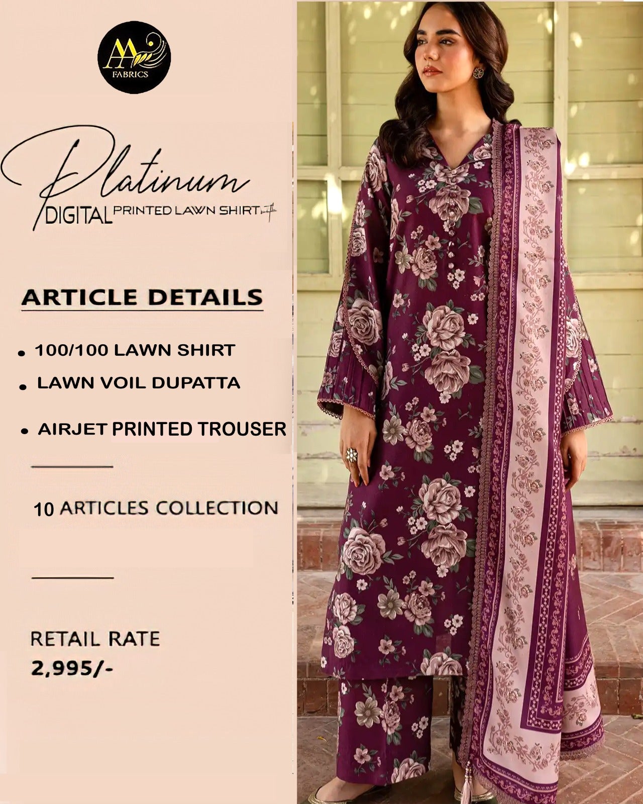 Platinum Lawn 3 Piece | Premium Digital Print Suits - Hurain Arts
