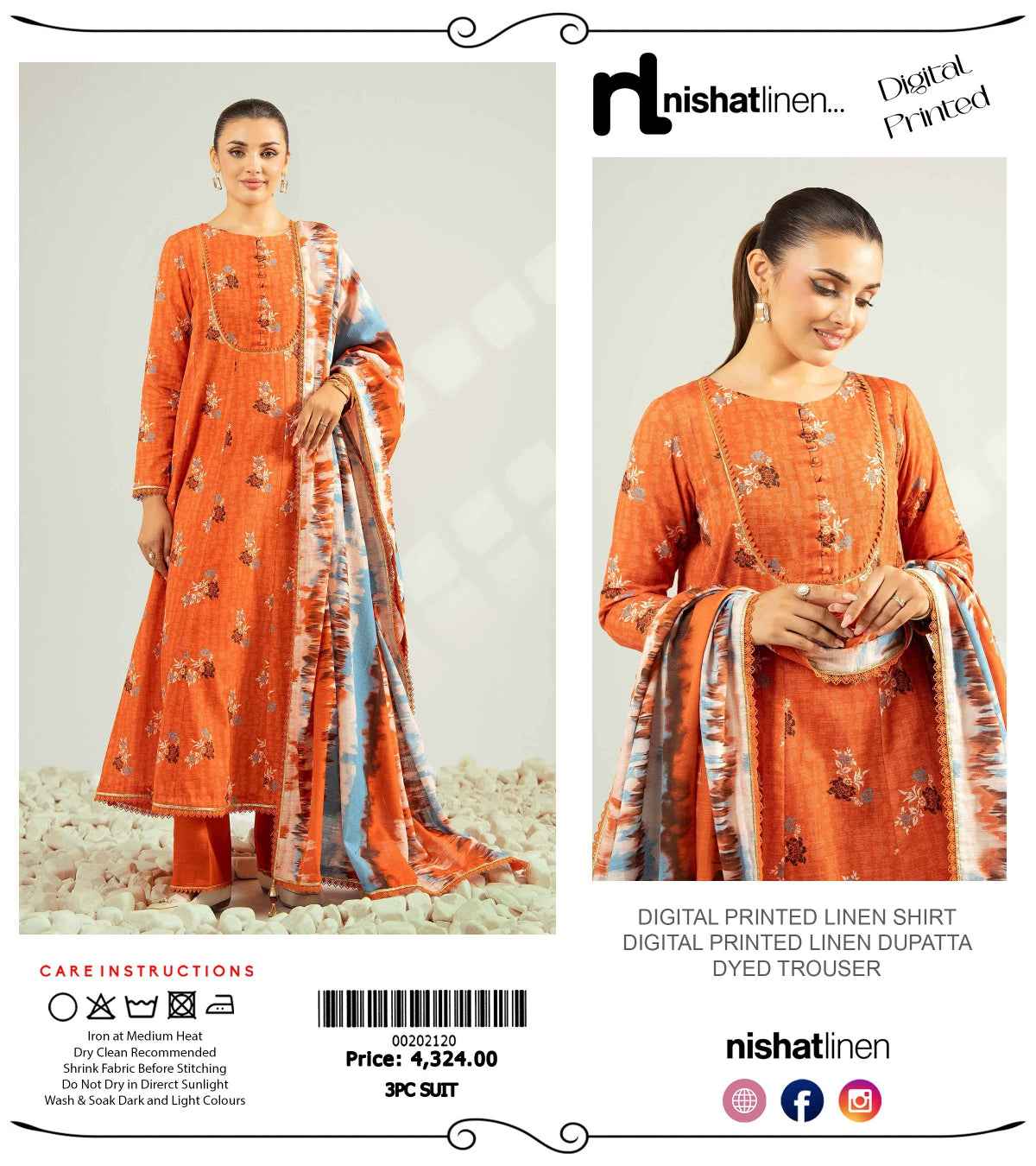 Nishat Linen 3 Piece | Digital Print Linen Collection