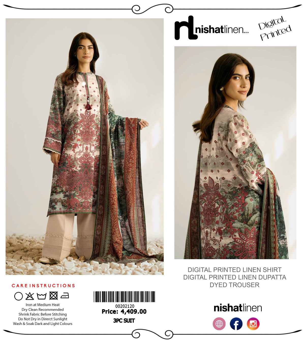 Nishat Linen 3 Piece | Digital Print Linen Collection